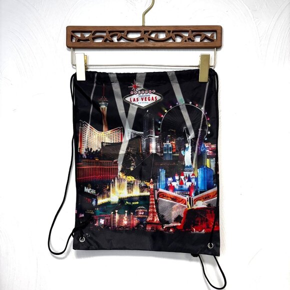 Las Vegas Skyline Drawstring Backpack Black Souvenir Gym Bag Colorful Cityscape - Picture 1 of 4